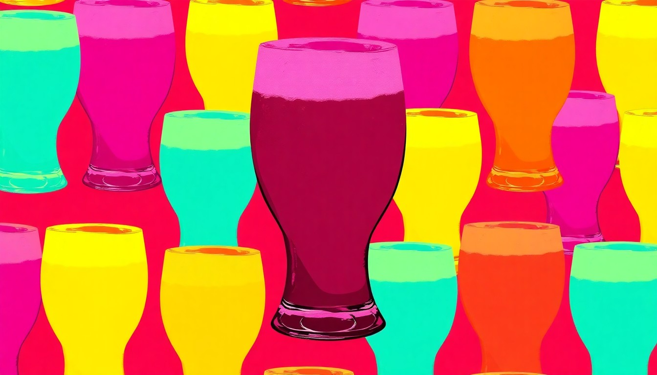 A bold, colorful silkscreen-style illustration featuring a repeating pattern of a craft beer glass in neon shades of blue, green, and orange, conceptually representing the celebratory energy of a local brewery's community-focused anniversary event.