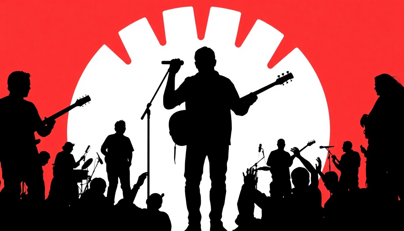 An abstract, minimalist illustration using bold black shapes and bright red and white colors to conceptually represent the diverse mix of music, food, and community events taking place in Southwest Florida.