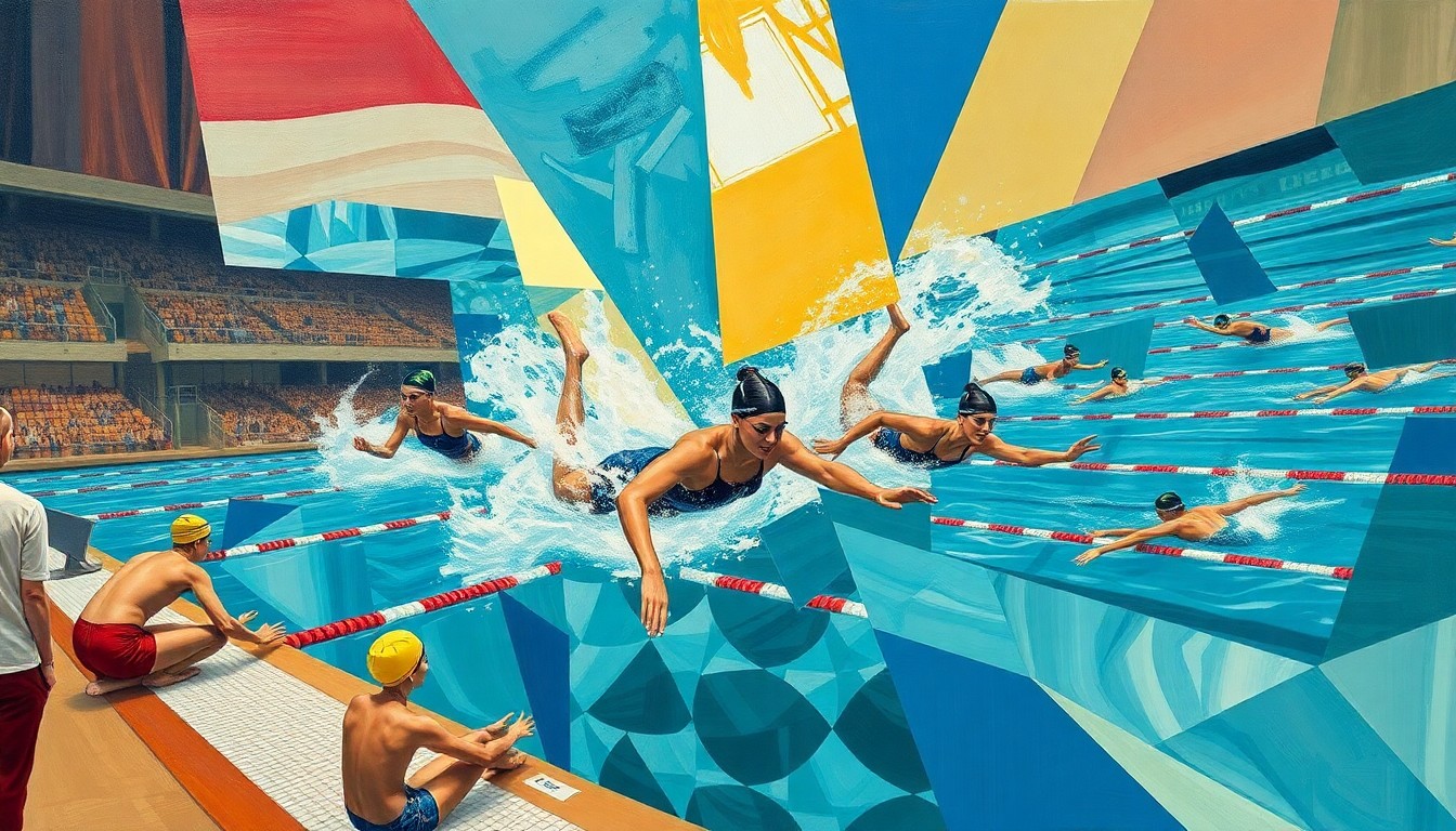 A cubist-style painting depicting a fragmented and overlapping scene of swimmers in motion, with their bodies and the pool environment broken down into geometric shapes and planes, conveying the dynamic and multifaceted nature of the upcoming NCAA championships.
