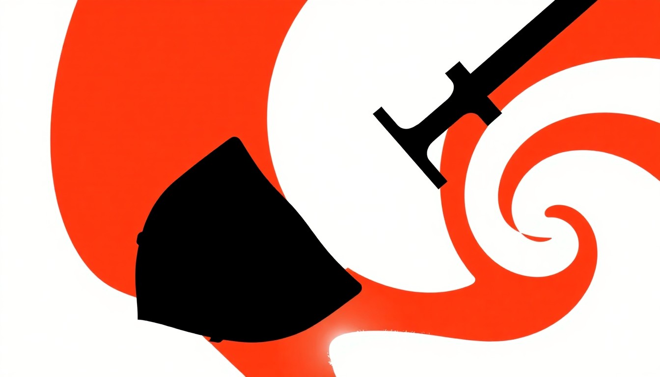 A minimalist, abstract illustration featuring a dramatic black silhouette of a giant shovel against a bold, high-contrast red and white background, conceptually representing the unexpected public art installation in the Coachella desert.