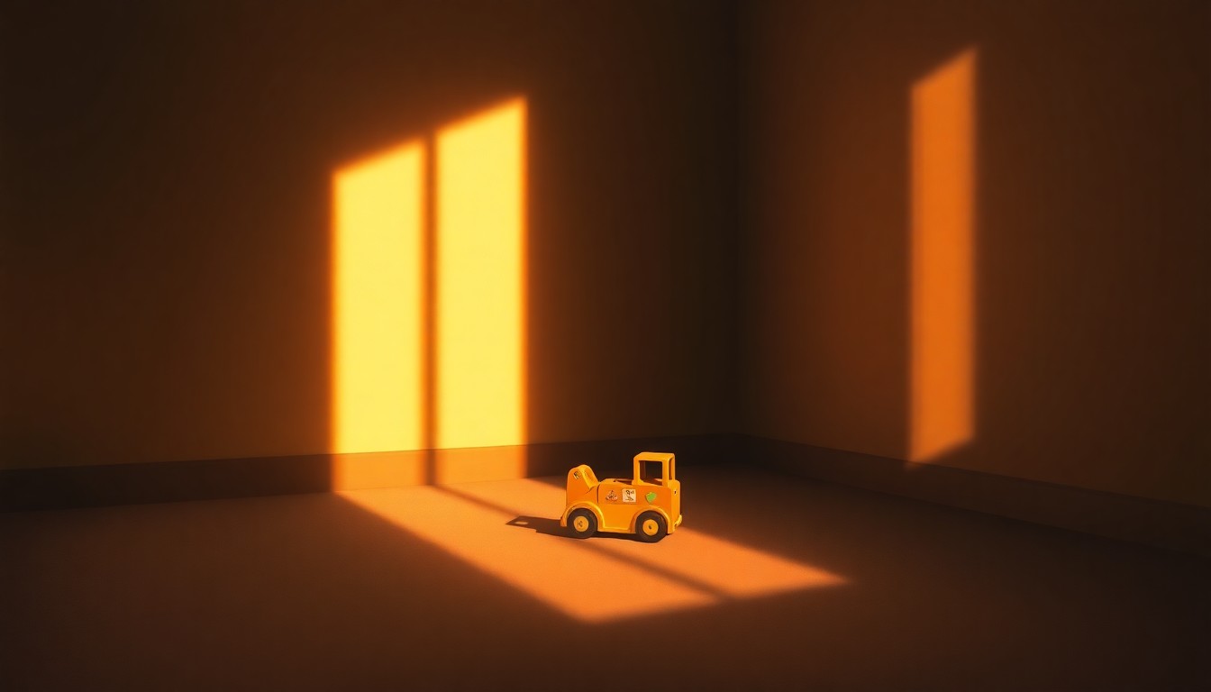 A softly lit, nostalgic painting of a child's wooden building blocks or educational toy, casting long shadows and evoking a sense of care and nurturing for early childhood development.