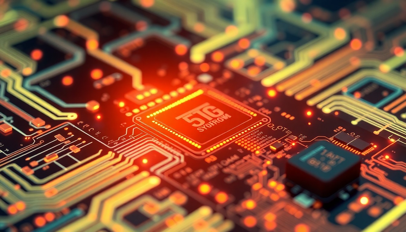 A highly detailed, 3D macro illustration of a futuristic semiconductor wafer glowing with intricate neon-lit circuitry and components, conveying the advanced technology and innovation at the heart of the University of Texas at Dallas' new semiconductor training facility.