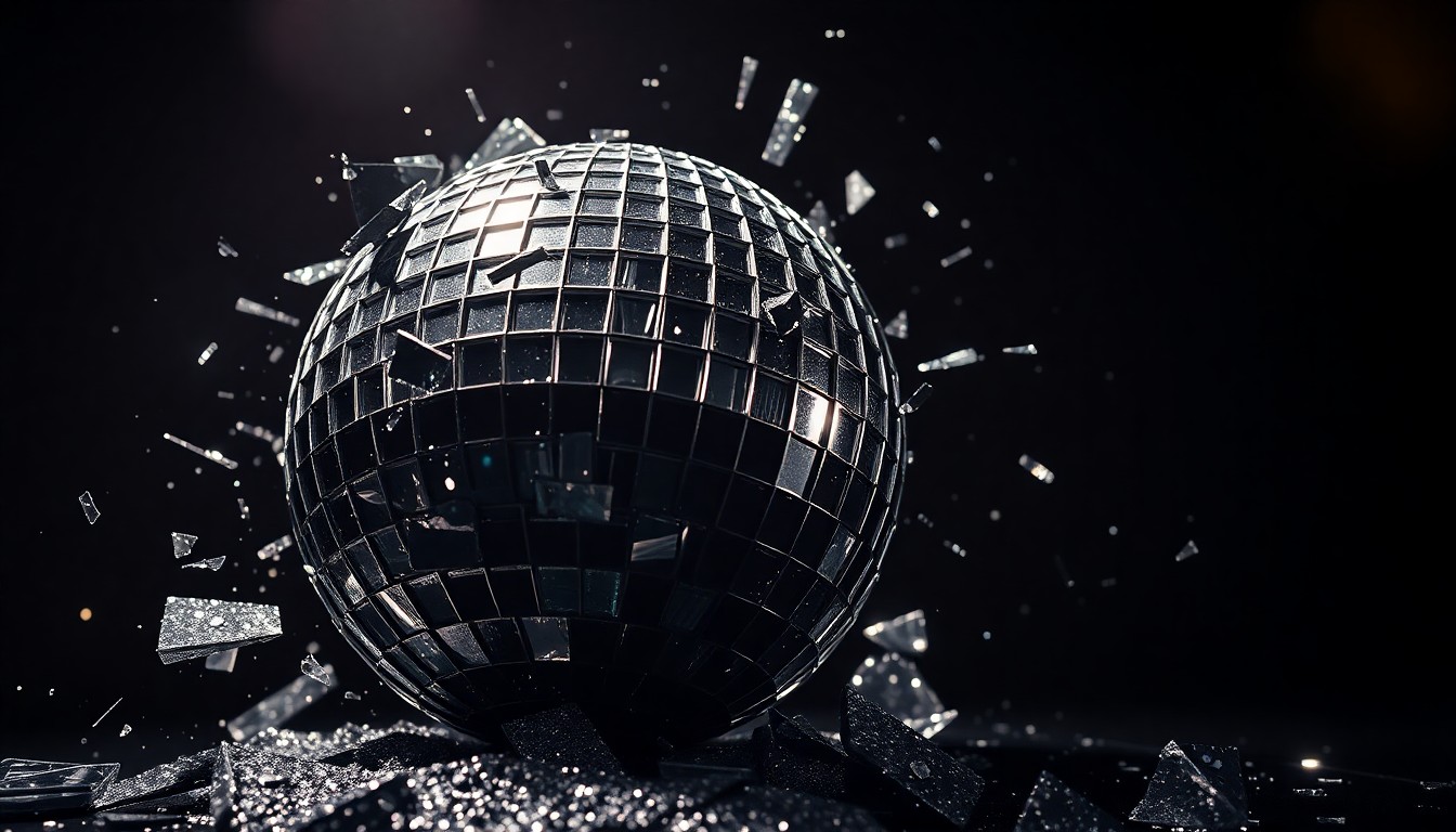 An extreme close-up photograph of the shattered, glittering remains of a disco ball, its jagged edges and reflective surfaces creating a high-contrast, glamorous texture that conceptually represents the energy and legacy of the rock music industry.