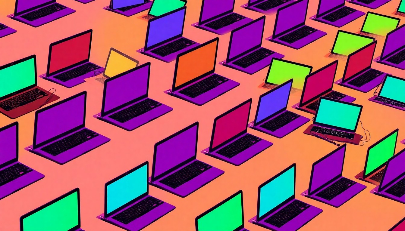A bold, colorful silkscreen-style illustration of a laptop computer repeated in a grid pattern, representing the integration of artificial intelligence and data analytics into the University of Arkansas at Pine Bluff's curriculum and operations.