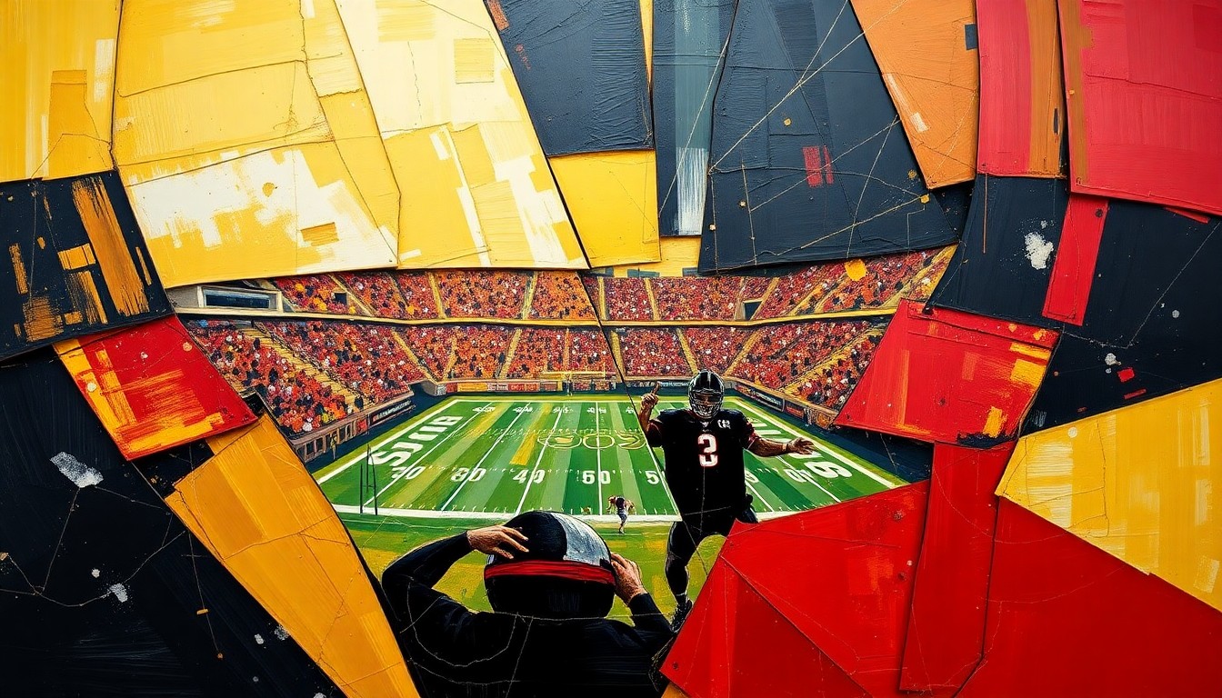 A cubist, geometric painting featuring overlapping planes of gold, black, and crimson, conceptually representing the intensity and energy of a college football rivalry game.