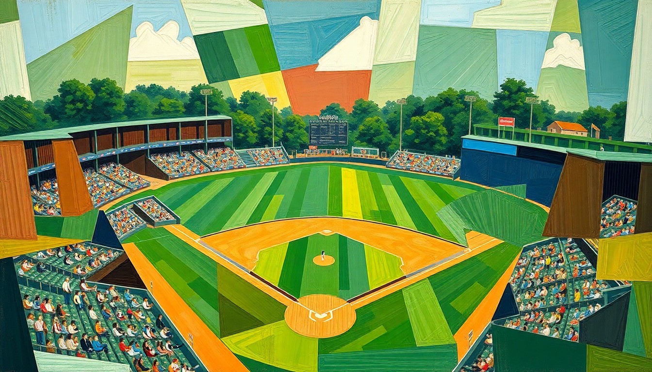 A fragmented, geometric painting depicting a high school baseball game, with overlapping planes of green, brown, and blue hues representing the dynamic action on the field.