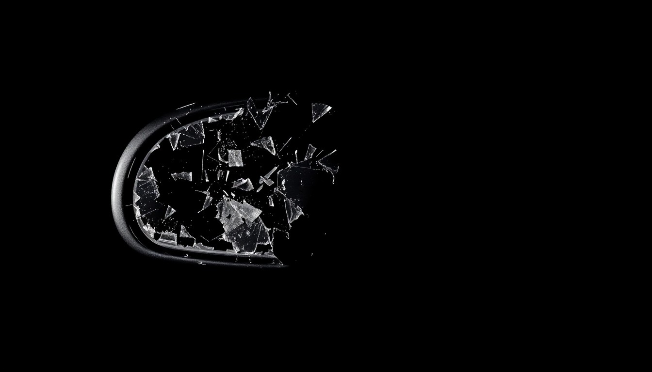 An extreme close-up photograph of a shattered side mirror from a dark-colored vehicle, captured in stark, dramatic lighting to convey the serious and investigative nature of the crime.
