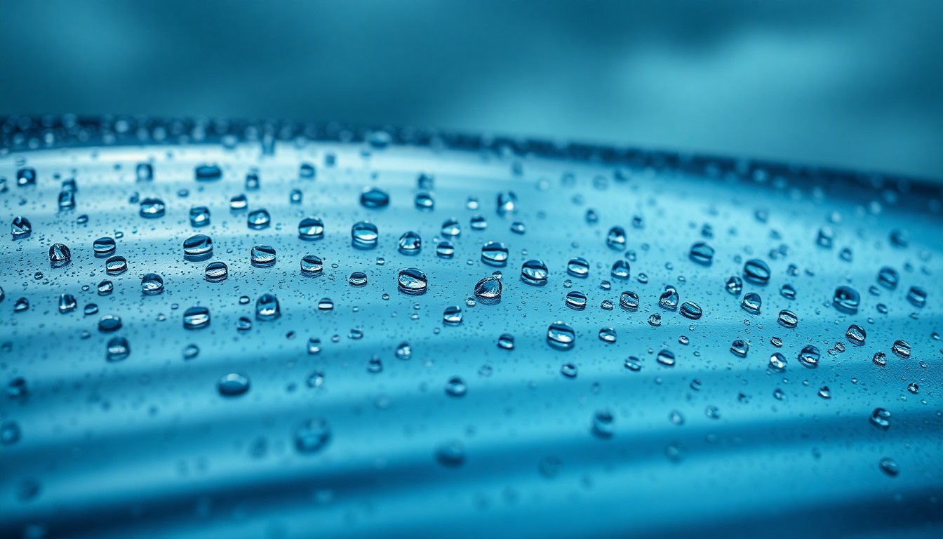An abstract close-up photograph of rain droplets on a shiny, metallic surface, reflecting a moody, blue-tinted sky. The water droplets appear like glittering jewels against the sleek, textured background, creating a high-contrast, high-glamour aesthetic.