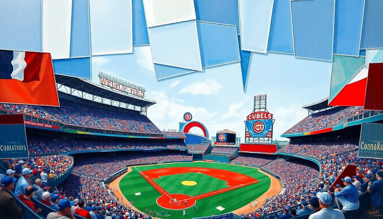 A fragmented, abstract painting depicting a baseball game at Wrigley Field, with the stadium's distinctive features and the motion of the players broken down into sharp, overlapping geometric shapes and planes in shades of blue, red, and white.