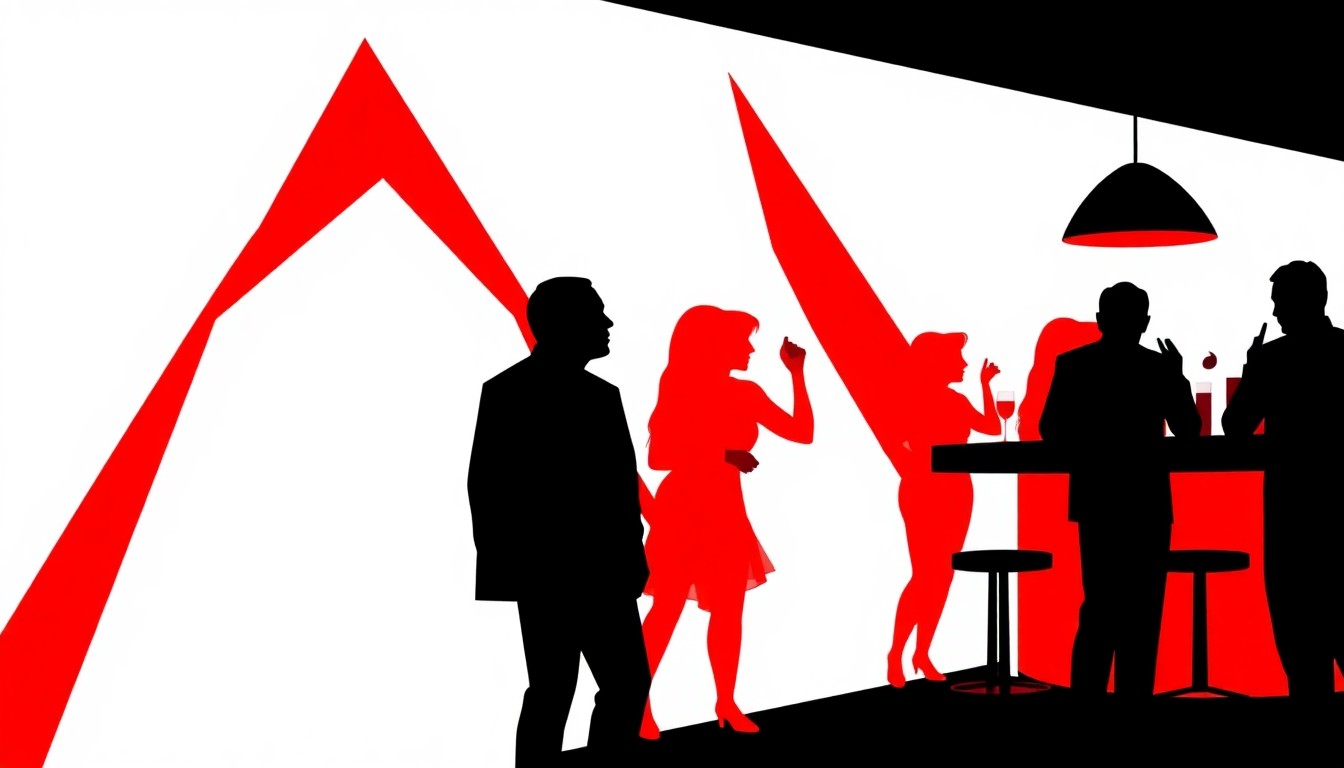 A dynamic, minimalist composition of bold, geometric shapes and high-contrast colors representing the concept of a movie premiere and bar event, without any text or identifiable elements.