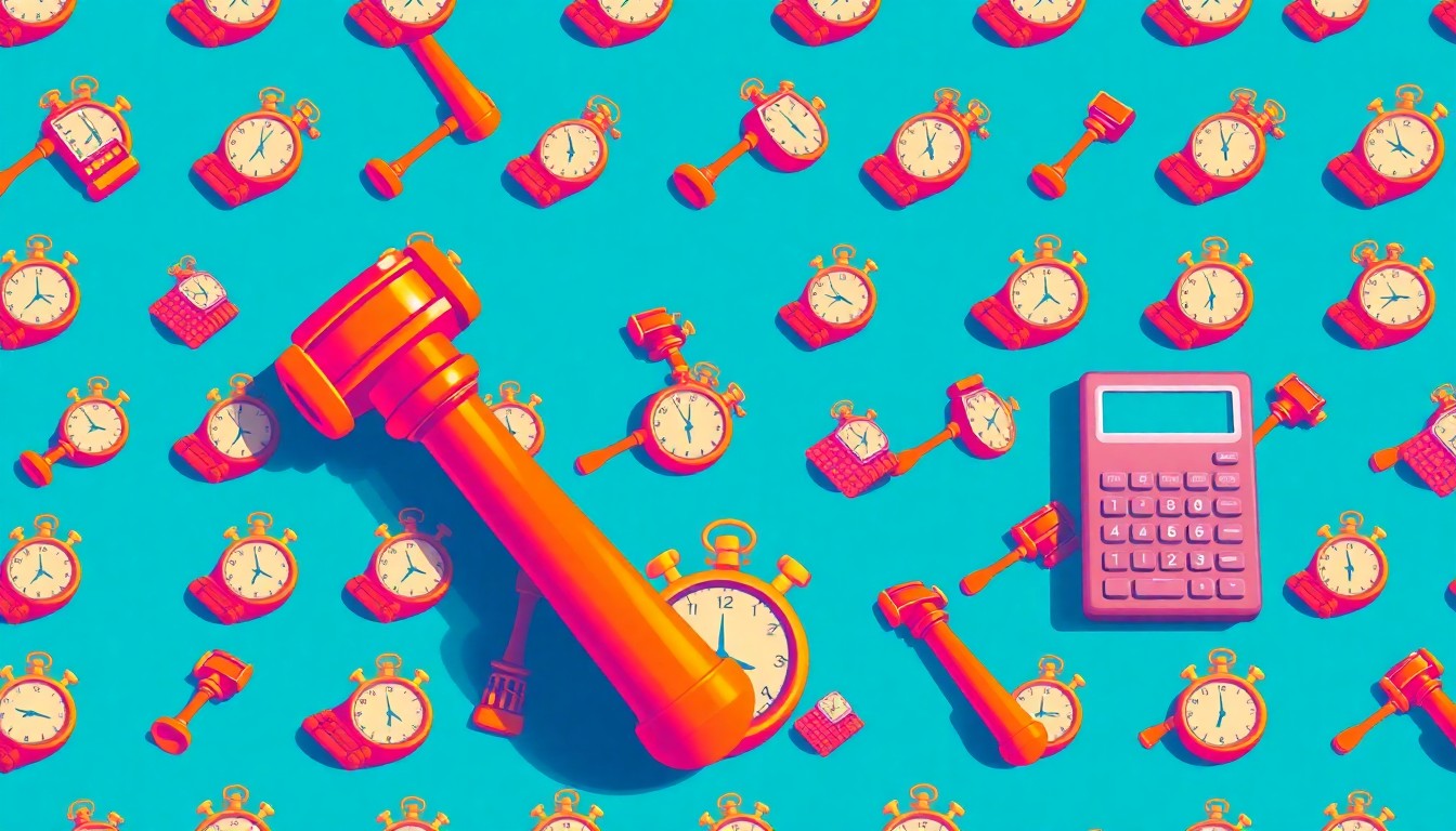 A vibrant, high-contrast silkscreen print featuring a repeating pattern of a gavel, stopwatch, and calculator, conceptually representing the tension between the legal profession's focus on hourly billing and client demands for fairness.