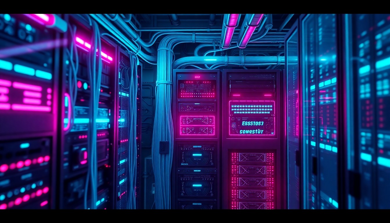 A highly detailed, glowing 3D illustration of a futuristic server rack or data center infrastructure, with neon cyan and magenta lights illuminating the complex network of cables, circuit boards, and cooling systems, conceptually representing the immense scale and power of modern computing infrastructure.