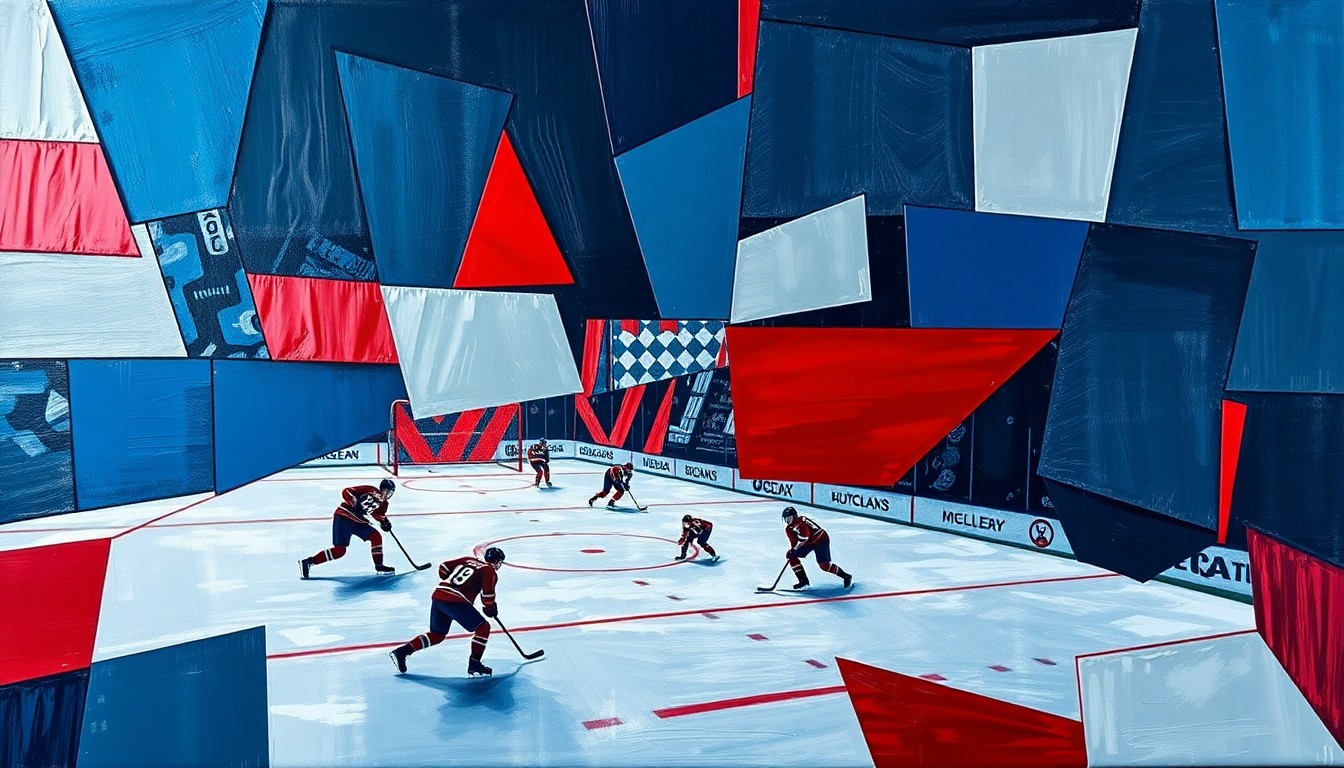 A cubist, geometric painting depicting a hockey game broken down into sharp, overlapping planes of navy, crimson, and silver, conveying the high-stakes competition of the NHL playoff race.