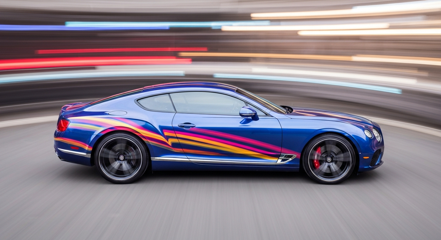 An abstract, motion-blurred image of a Bentley Continental GT, with vibrant streaks of color and a sense of speed and energy, conveying the brand's shift towards a more dynamic, emotive visual style.