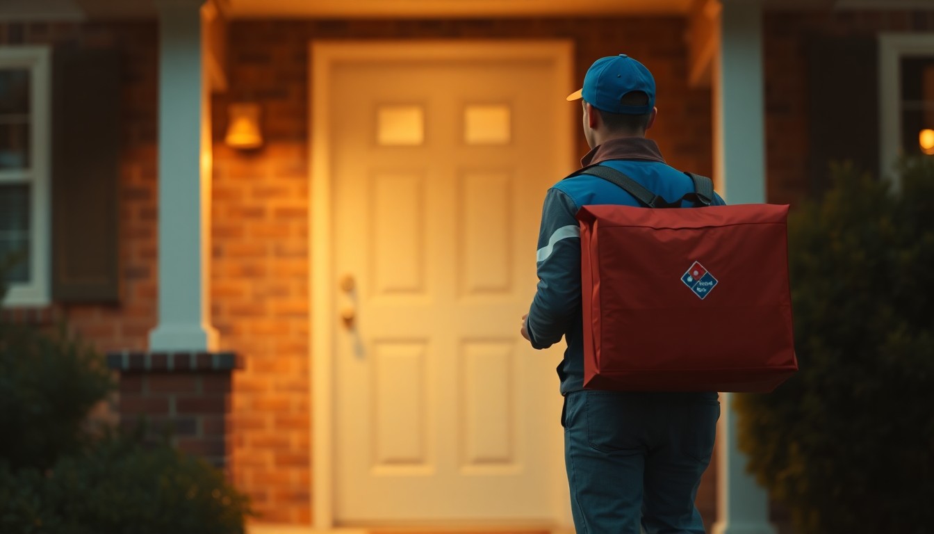 An extremely abstracted, out-of-focus photograph of a Domino's delivery driver walking up to a residential front door, the porch light casting a gentle, warm glow, conceptually representing the heartwarming story of the driver's small gesture leading to a major community response.