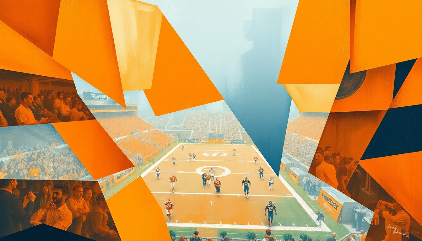 A fragmented, abstract painting in shades of orange, white, and blue, capturing the energy and motion of a Tennessee Football game through overlapping geometric shapes and planes.