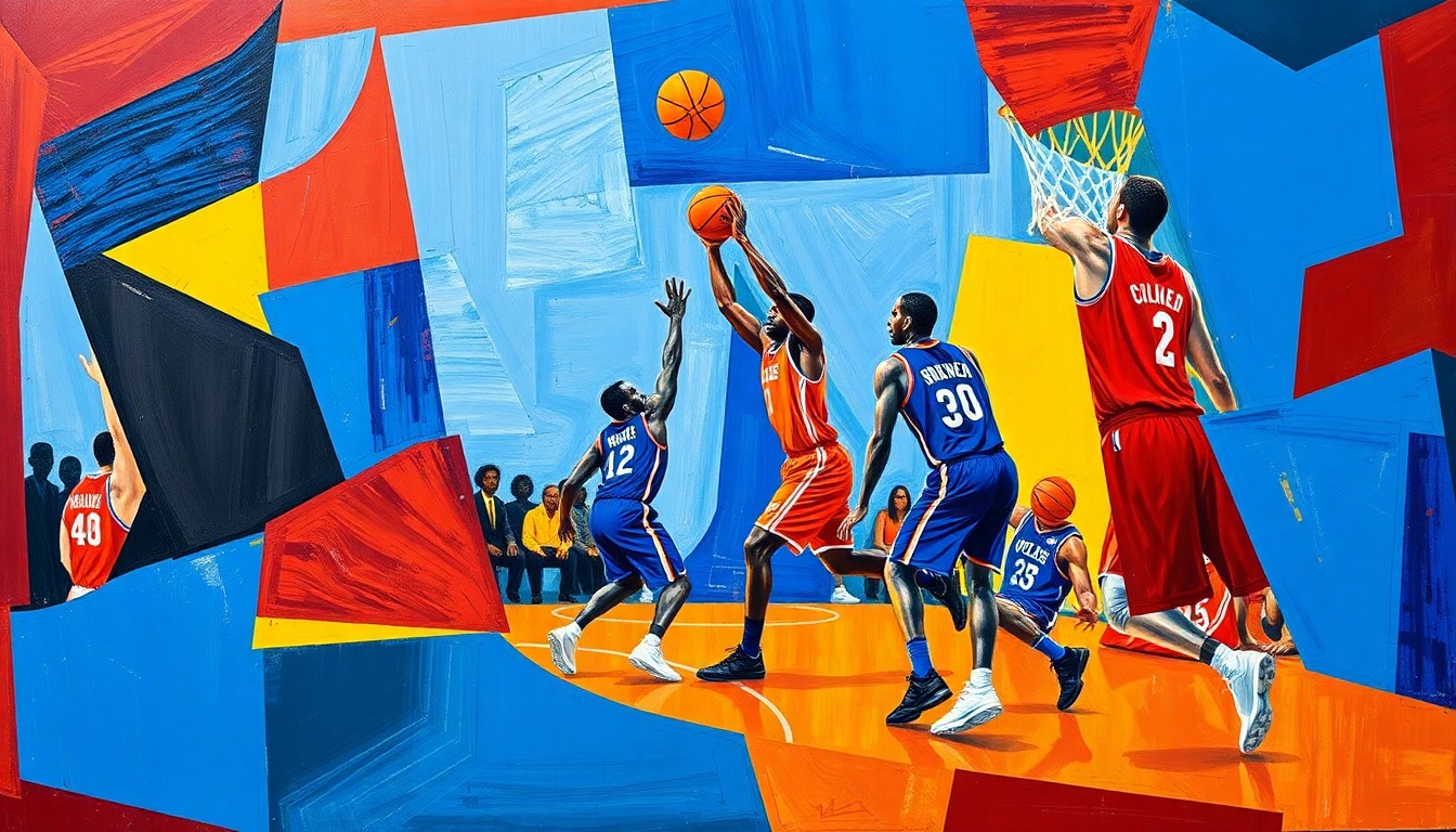 A fragmented, geometric painting depicting the movement and competition of a basketball game, with the players' forms broken down into angular, overlapping shapes in a vibrant color palette, conveying the spirit of the all-state honorees.