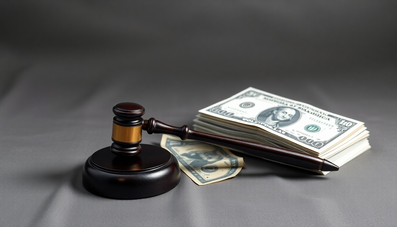A high-end, photorealistic studio still-life photograph featuring a polished metal gavel, a stack of financial documents, and a US dollar bill arranged elegantly on a clean, monochromatic grey background, conceptually representing the gravitas and influence of the Federal Reserve.