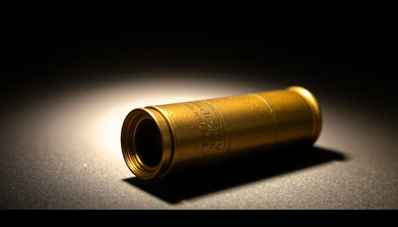 An extreme close-up of a spent shotgun shell casing reflecting a bright flash of light, conceptually illustrating the violence of the alleged crimes.