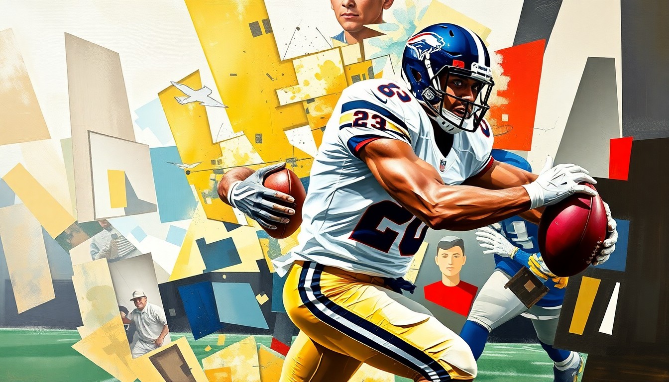 A fragmented, geometric painting depicting a football player in motion, their form broken down into sharp, angular shapes and planes of color, representing the Bears' desire to add depth and versatility to their cornerback position.
