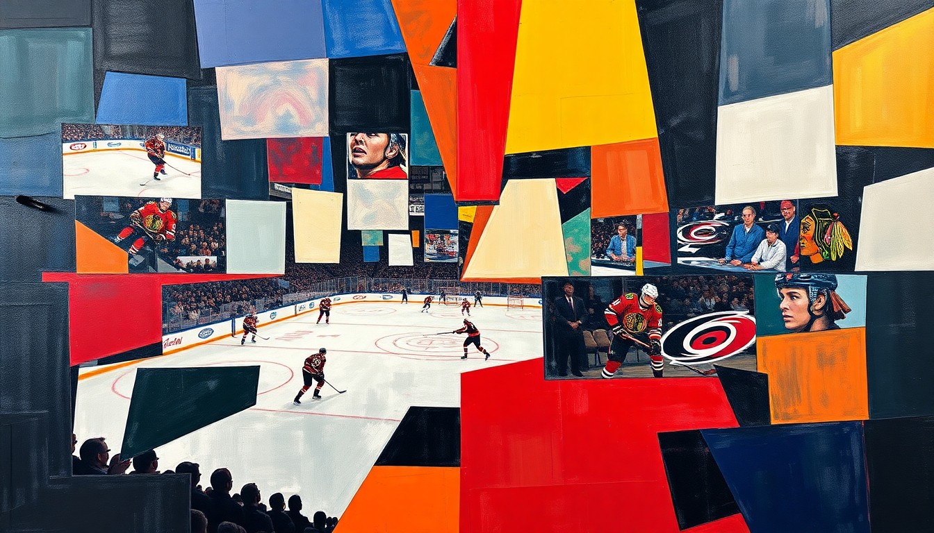 A cubist-style painting featuring fragmented, overlapping geometric shapes in shades of blue, red, and yellow, conceptually representing the chaotic action of a hockey game between the Blackhawks and Hurricanes.