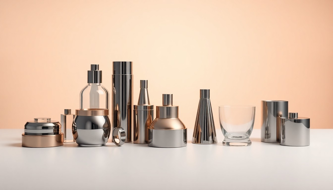 A high-end, photorealistic studio still-life photograph featuring a collection of polished metal and glass objects arranged elegantly on a clean, monochromatic background, conceptually representing the premium quality and strategic thinking behind Blue Ocean Custom Signs' signage solutions.