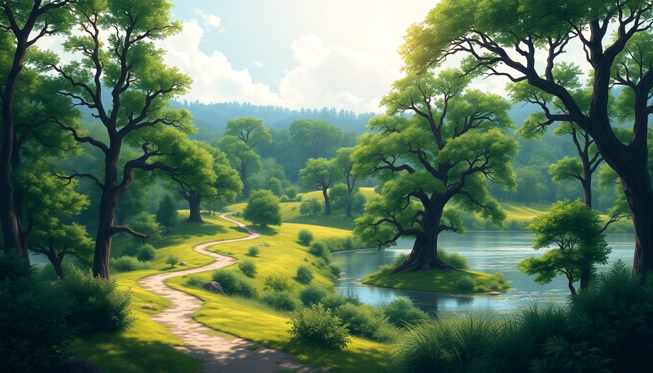 A peaceful, sun-dappled painting of a lush forest preserve with winding trails, towering oak trees, and a tranquil lake, conveying the timeless beauty and environmental importance of protected natural lands.