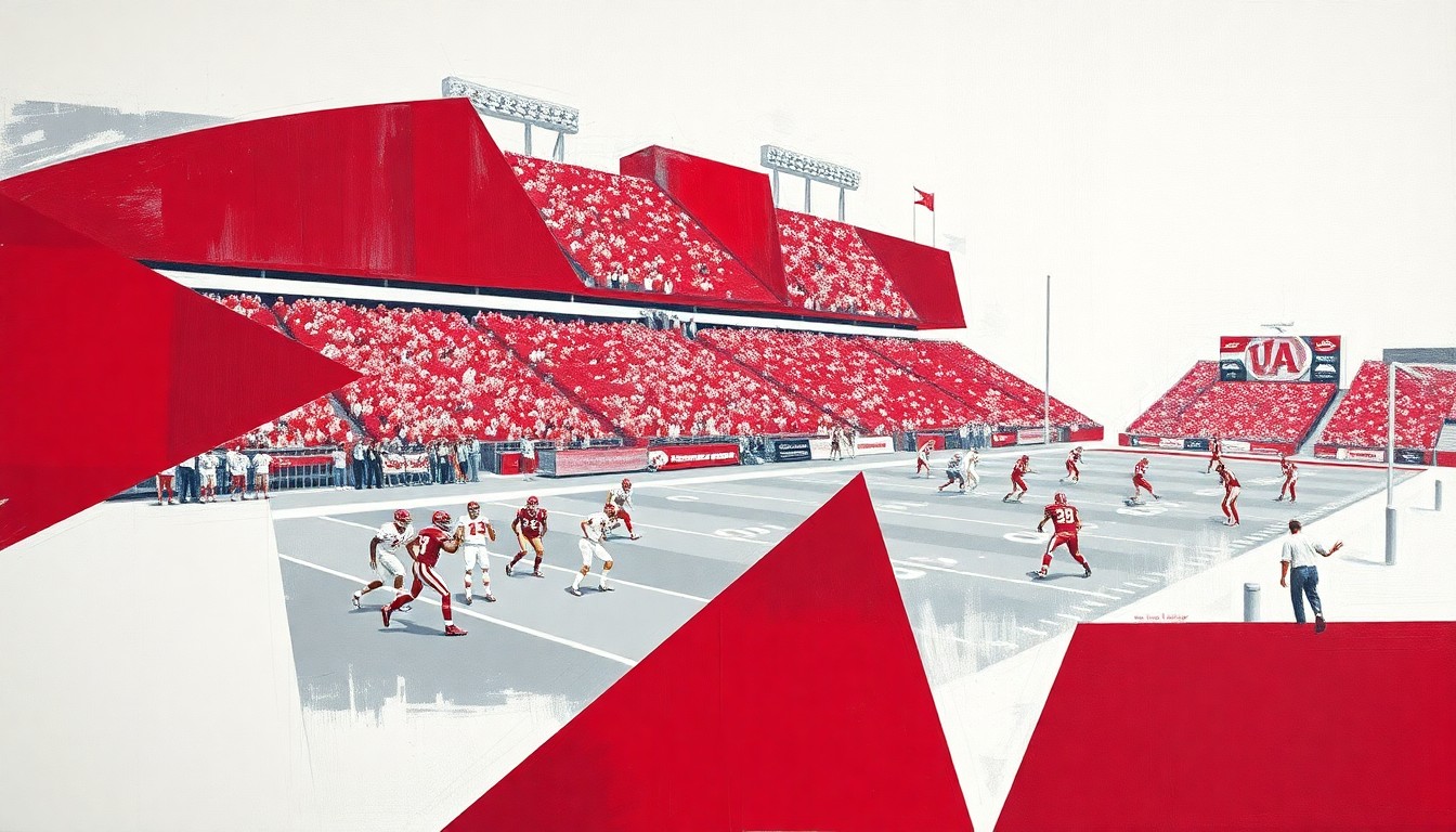 A cubist, geometric painting depicting an Alabama football practice or game, with sharp, overlapping planes of crimson, white, and gray representing the dynamic action on the field.