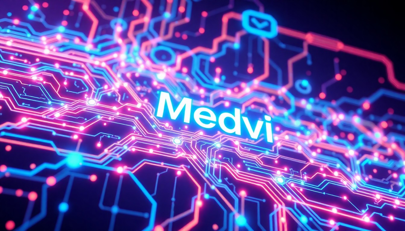 A highly detailed, luminous 3D illustration of a complex network of interconnected circuits and data streams, conceptually representing the AI algorithms used by the Medvi startup to market telehealth services and weight loss drugs.