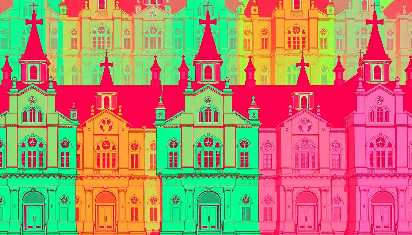 A vibrant, abstract silkscreen illustration of a traditional church building, rendered in a bold, pop art style with overlapping neon colors and heavy black outlines, conceptually representing the Prairie Museum's unique architectural vision.