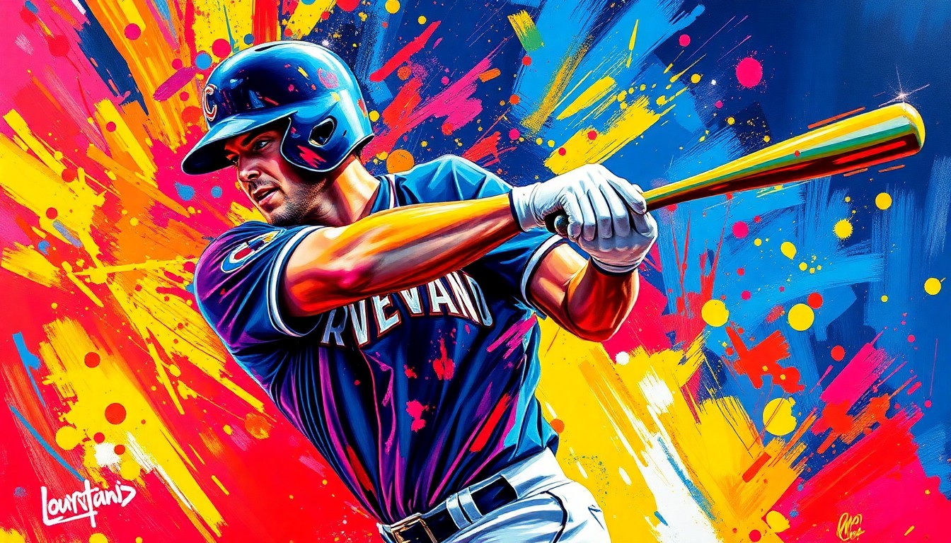 An extreme close-up of a baseball player's bat making contact with a pitch, the impact captured in a vibrant, expressionist style with neon colors and rapid brushstrokes, conceptually representing the raw power and athletic energy of a young baseball star.