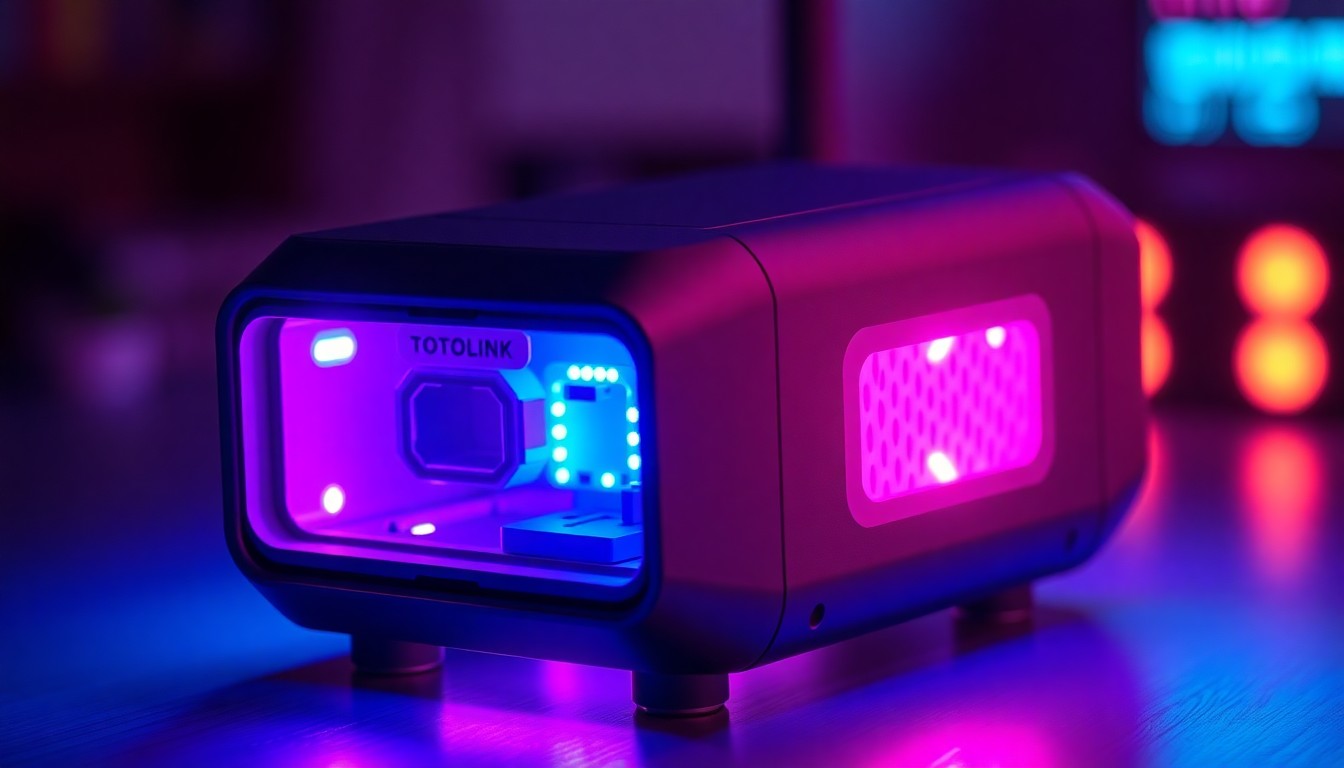A highly detailed, glowing 3D macro illustration of a TOTOLINK EX200 wireless range extender, its internal components illuminated by neon cyan and magenta lights, representing the vulnerability and risk of remote takeover.