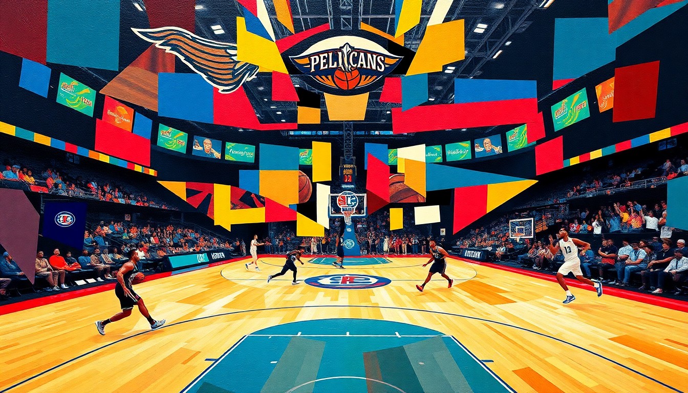 A fragmented, geometric painting in vibrant colors representing a basketball game between the New Orleans Pelicans and Los Angeles Clippers, with overlapping shapes and planes capturing the dynamic action on the court.