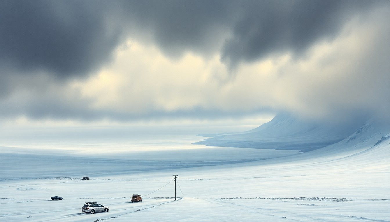 A vast, snow-covered landscape painting in muted tones of white, gray, and blue, with a heavy, overcast sky dominating the scene. The scale of the natural environment dwarfs any visible structures or vehicles, conveying a sense of the overwhelming power of the winter storm.