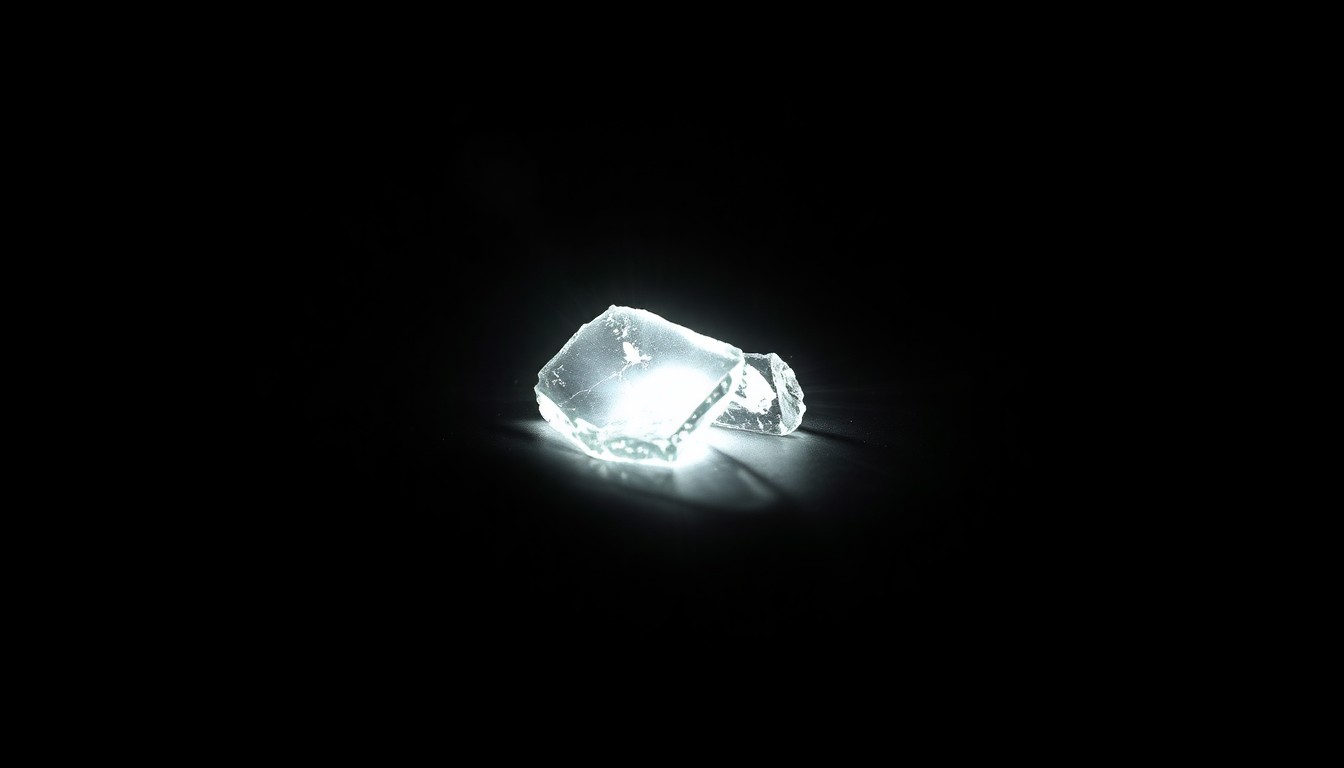 An extreme close-up photograph of a single piece of crime scene evidence, such as a broken piece of glass or a discarded item, lit by a harsh, direct camera flash against a pitch-black background, conceptually illustrating the investigation into Joanna Brown's homicide.