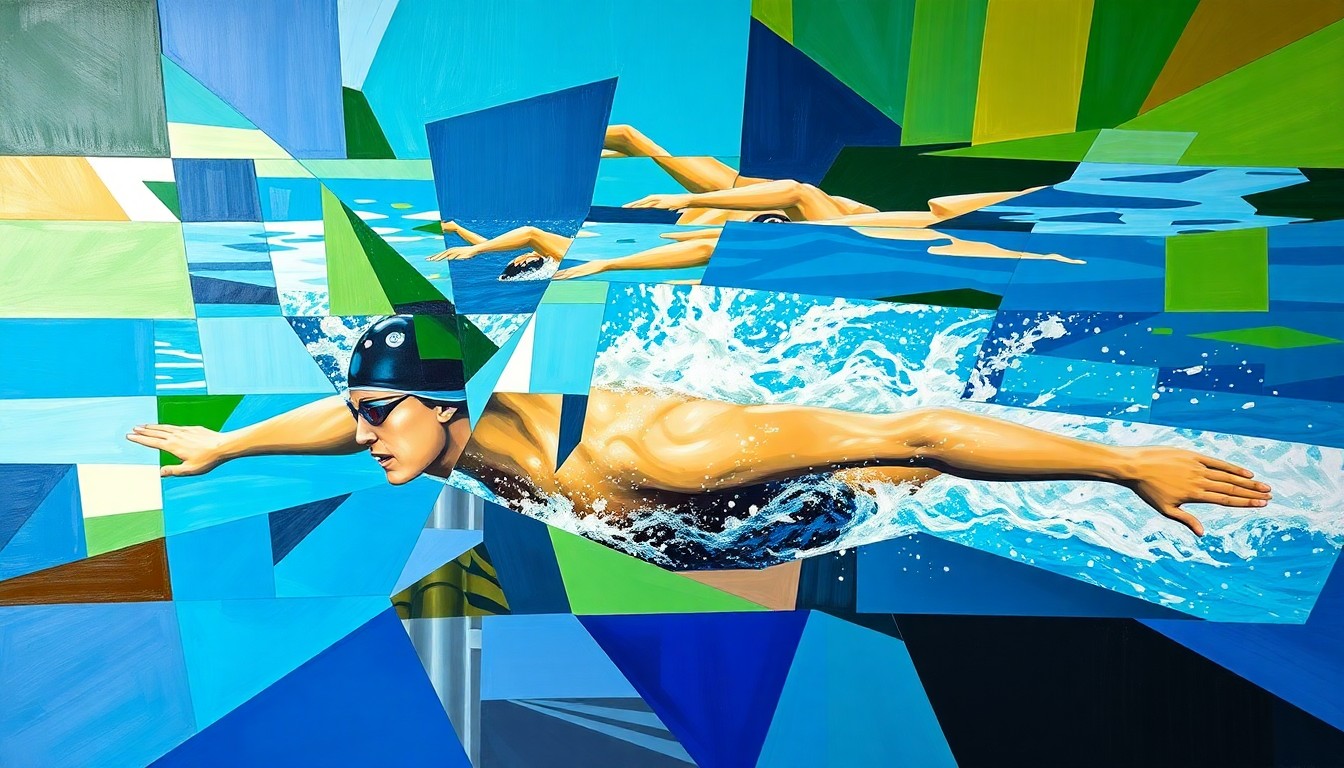 A cubist-style painting depicting a swimmer's 200-meter butterfly race, with the swimmer's body and movements broken down into overlapping geometric shapes in vibrant blues, greens, and golds, conveying the dynamic energy and precision of the event.