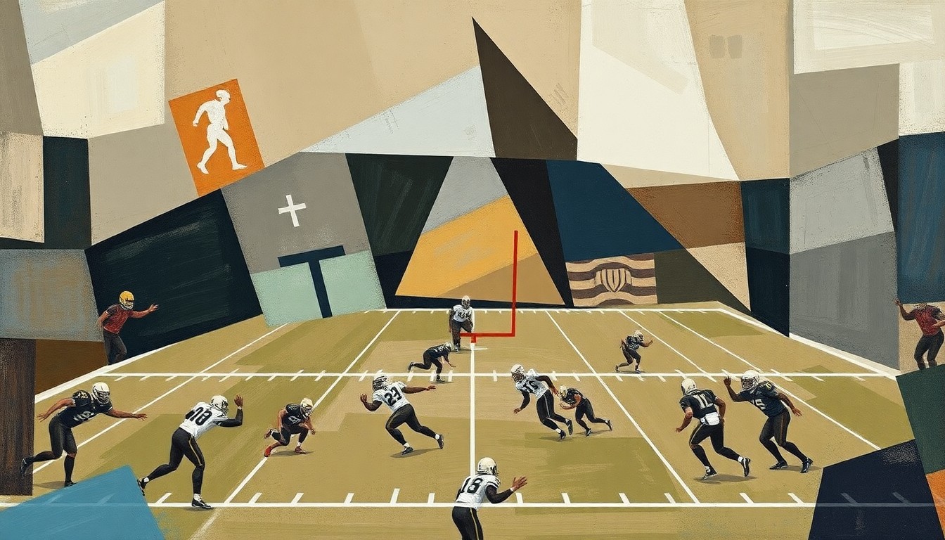An abstract, cubist-style painting depicting a fragmented football game, with players and the field broken down into sharp, overlapping geometric shapes and planes in muted earth tones, blues, and greys, conveying the sense of a team struggling to find consistency.
