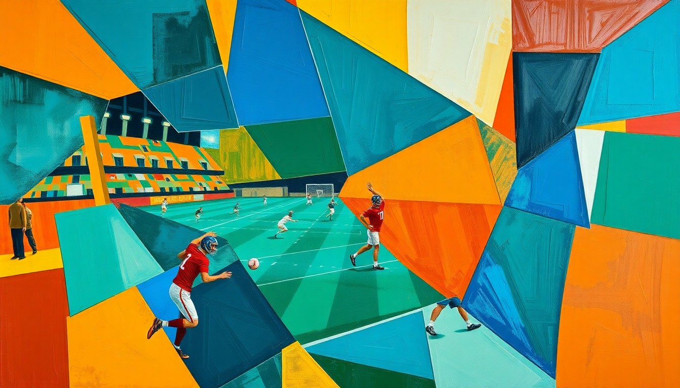 A cubist, geometric painting depicting a football player in motion, their body fractured into overlapping planes of vivid colors like blue, green, and orange, capturing the raw energy and movement of the sport.