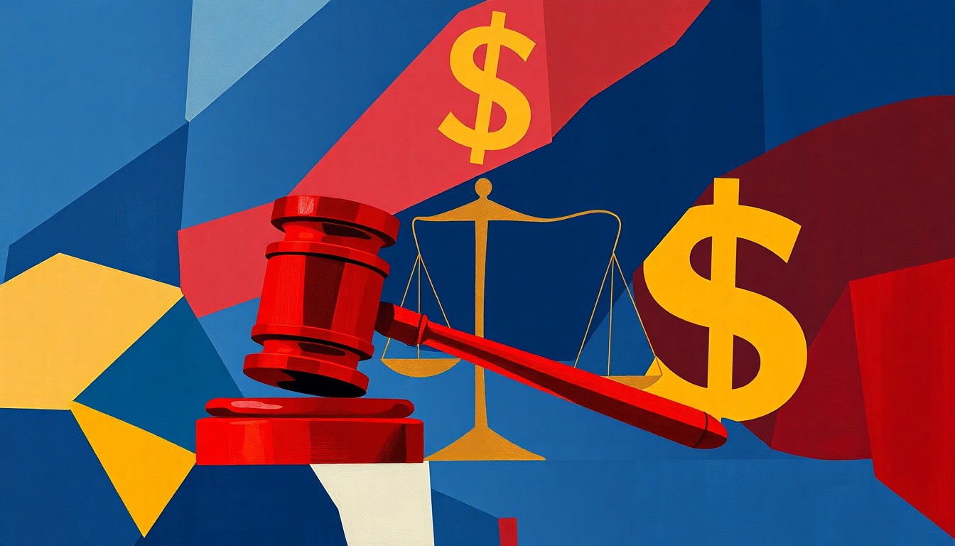 A dynamic, abstract painting featuring fragmented shapes and lines in shades of blue, red, and yellow, conveying the turbulent and fractured nature of the political debate over healthcare subsidies.