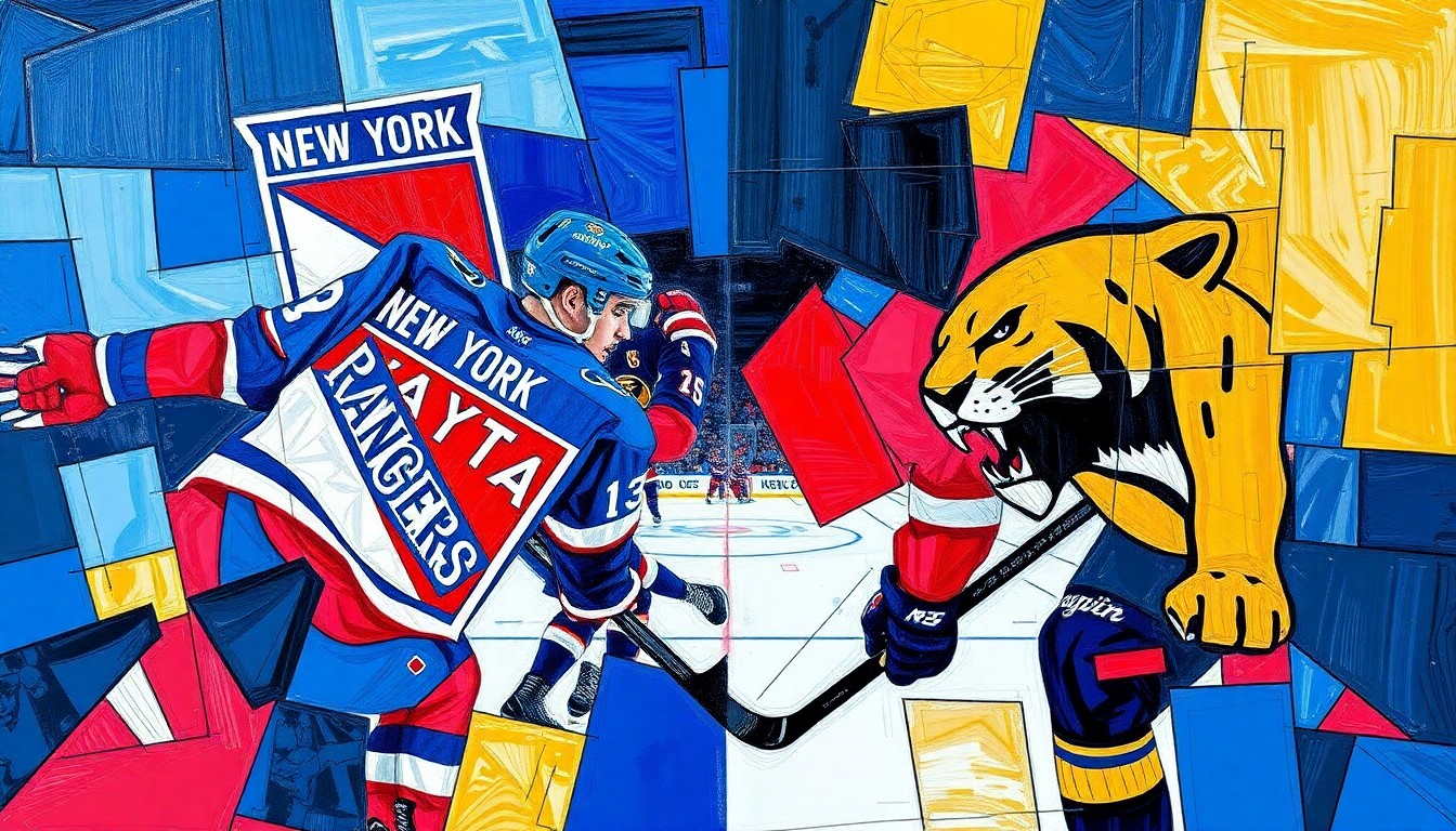 A fractured, multi-perspective painting in bold colors, depicting a hockey game between the New York Rangers and Florida Panthers, with the players and action broken down into sharp, overlapping geometric shapes, conceptually representing the evolving rivalry between the two teams.