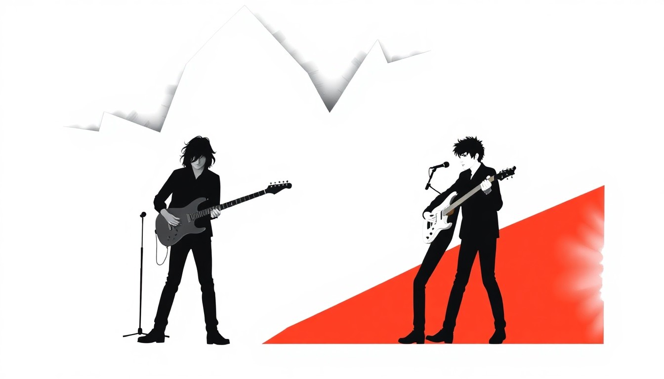 A minimalist, abstract illustration featuring bold, jagged geometric shapes in striking red and white, conceptually representing the reunion of two iconic indie rock bands.