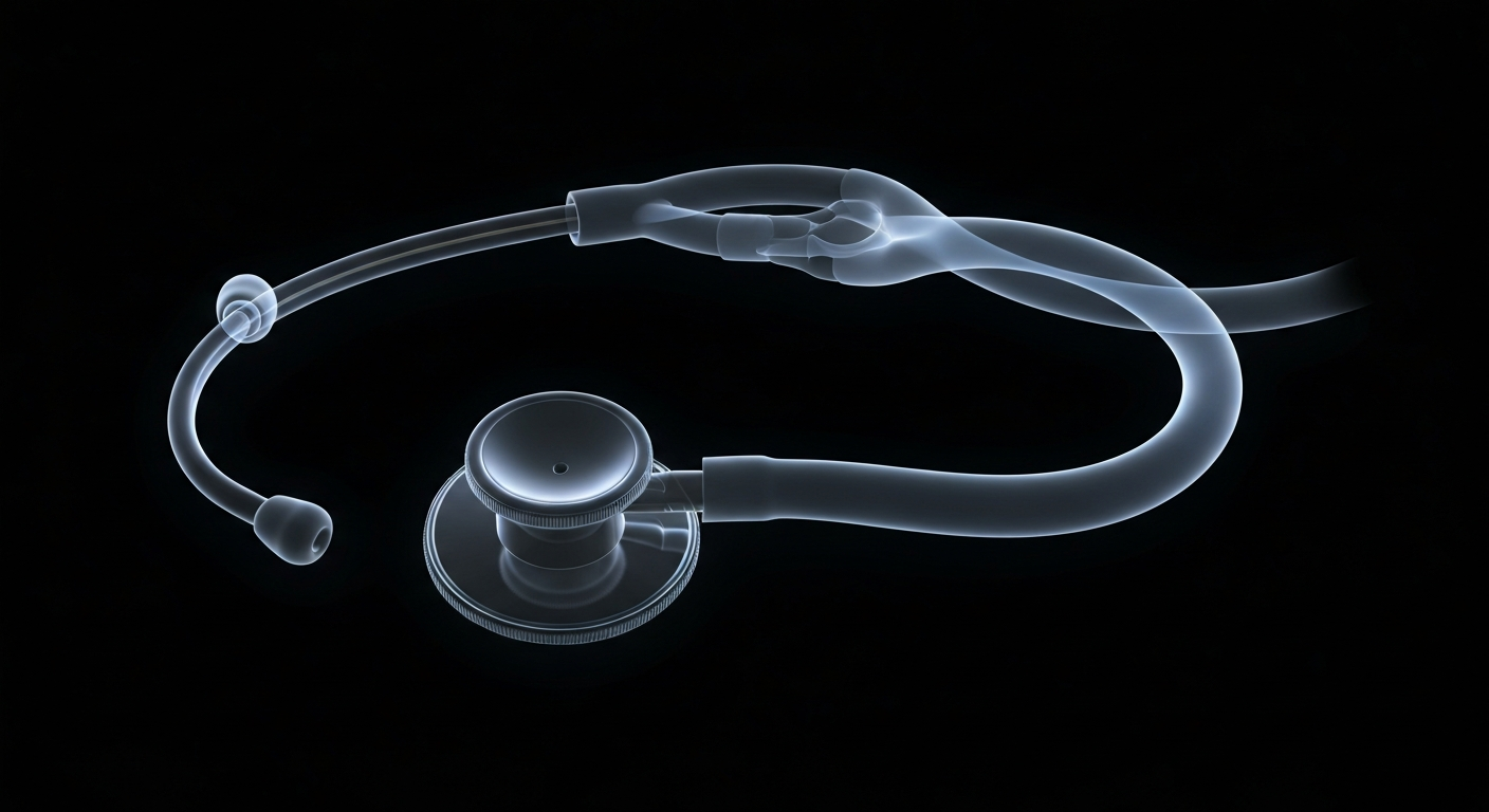 A ghostly, translucent X-ray image of a medical stethoscope, its internal structure glowing against a dark background, conceptually representing the fragility of the healthcare system in this small town.