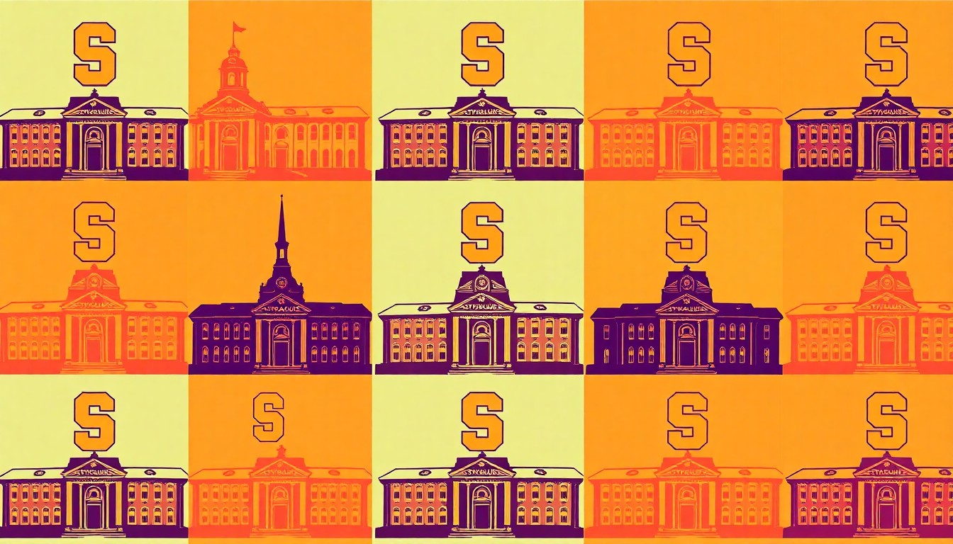A bold, silkscreen-style illustration featuring a repeated, stylized image of a Syracuse University campus building or logo in a grid pattern, using a high-contrast palette of neon colors and heavy black outlines to create a modern, pop art aesthetic.