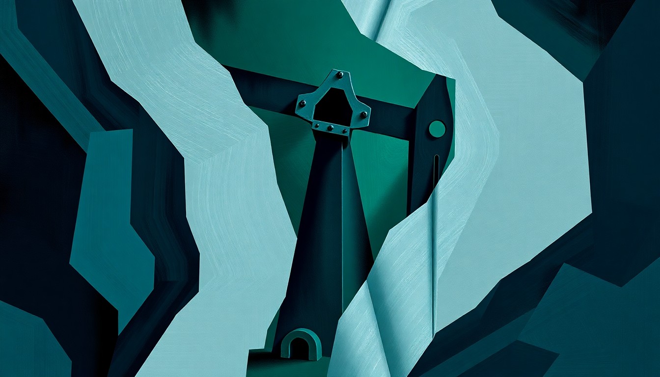 A dynamic, abstract painting featuring overlapping geometric shapes and waves of dark blue, forest green, and metallic gray, conceptually representing the complex geopolitical tensions surrounding Venezuela's oil industry.