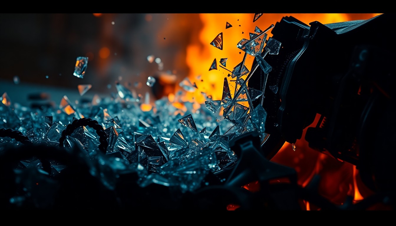 An abstract close-up image of shattered glass and twisted metal from a car crash, using dramatic lighting to create a sense of danger and tension.