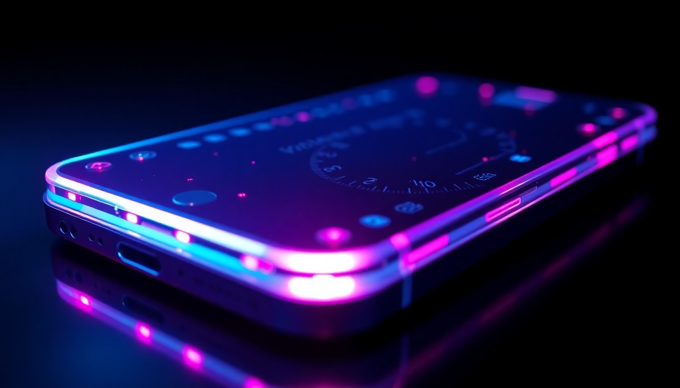 A close-up view of a smartphone device with its internal components glowing with neon cyan and magenta lights, representing the vulnerability of personal technology to sophisticated cyberattacks.