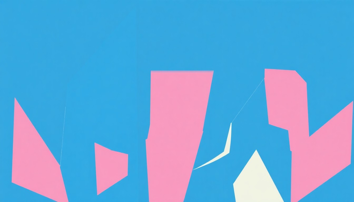 An abstract, minimalist illustration featuring bold, jagged geometric shapes in shades of blue, pink, and white, capturing the dreamy, nostalgic essence of Rocketship's music.