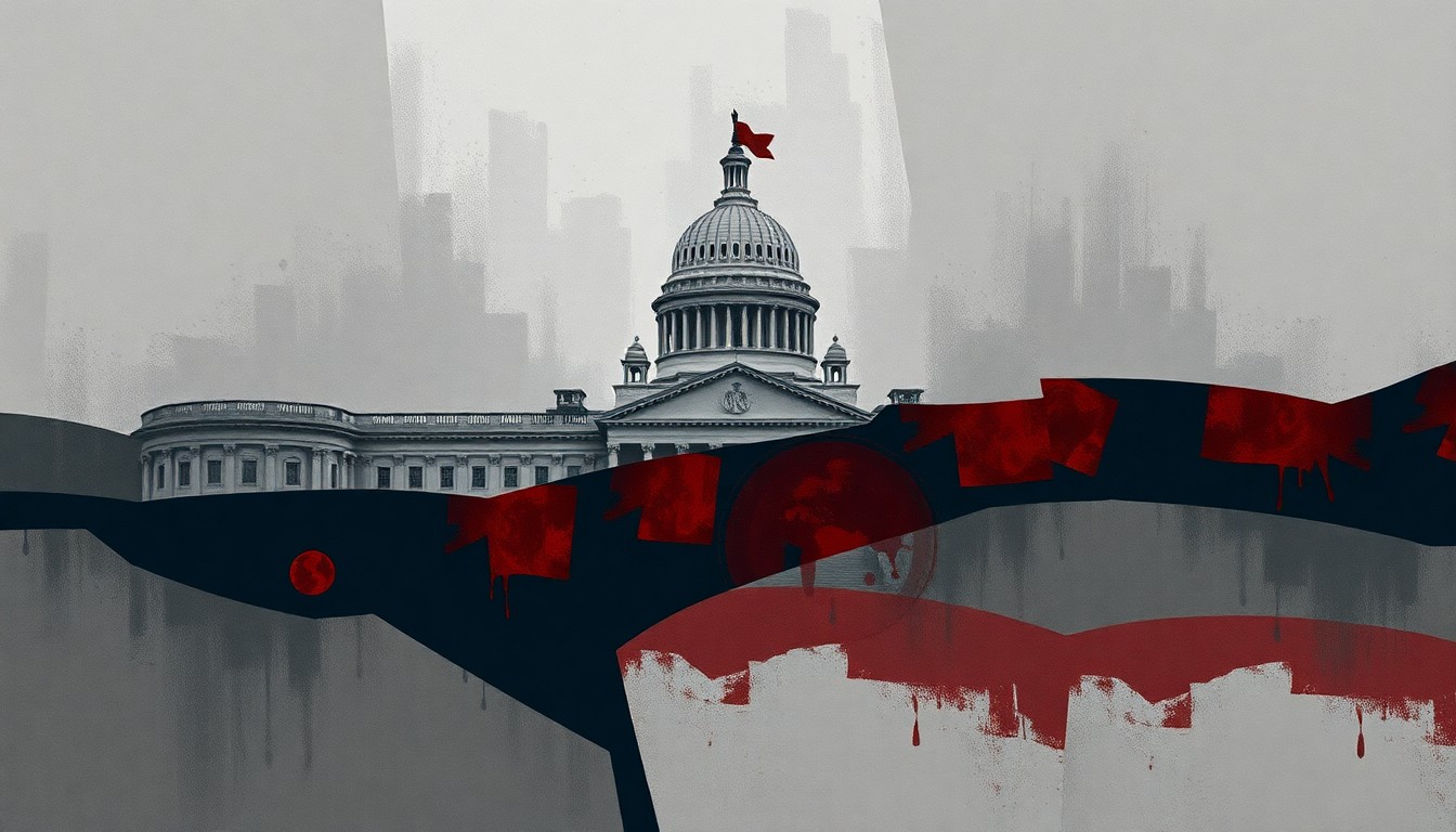 A highly stylized, abstract painting featuring overlapping, fractured geometric shapes in shades of grey, blue, and red, conveying a sense of political unrest and instability.