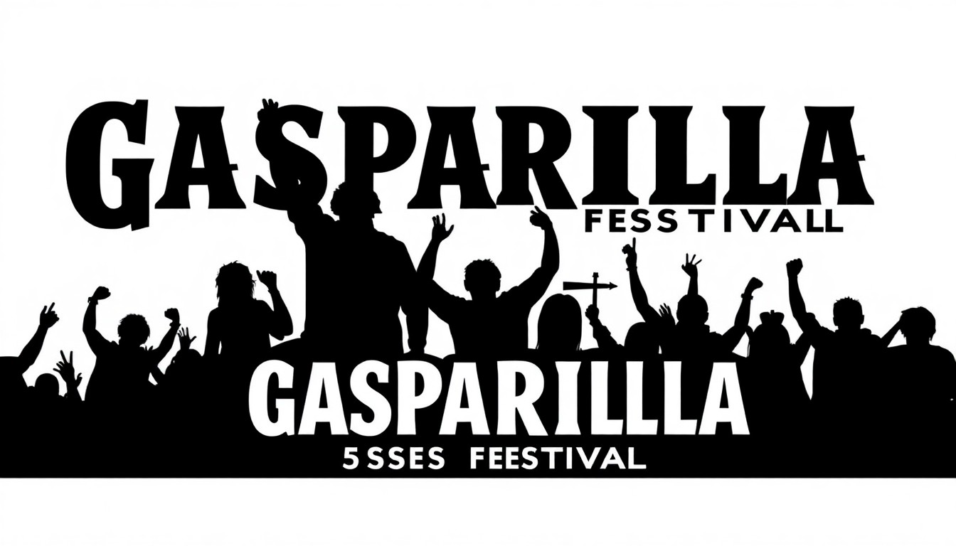 An abstract, minimalist illustration featuring sharp, angular black shapes against a bright, colorful background, conveying the dynamic energy of a music festival.