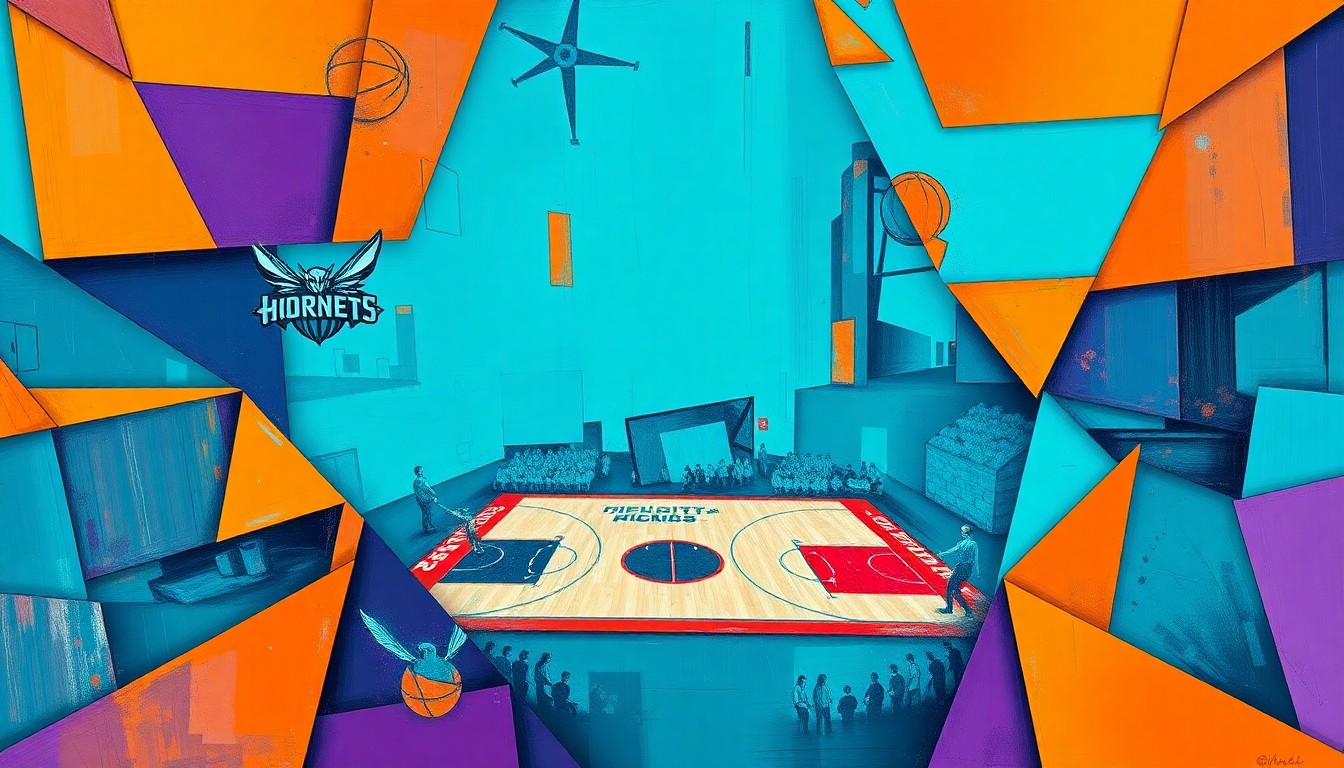 A cubist, geometric painting depicting a basketball game in motion, with the players and court broken down into overlapping planes of vibrant teal, purple, and orange hues.